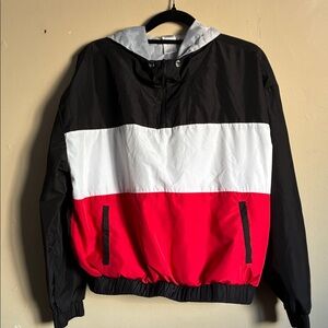 Women's Hooded Colorblock Windbreaker Jacket - Black/White/Red